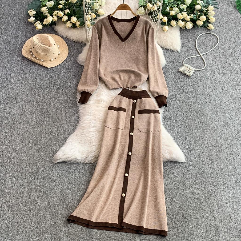 Autumn Winter Women Casual Knitted Sweater Two Piece Set V-neck Pullover Tops and Long Maxi Big Swing Skirt Suit