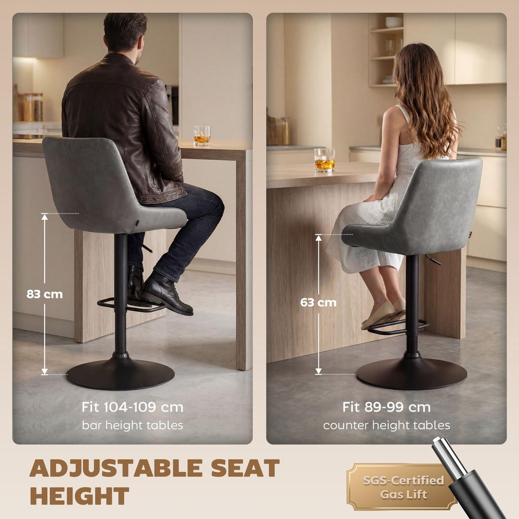 Retro Bar Stools Set of 2, Adjustable Kitchen Stool, Upholstered Bar Chairs with Back, Swivel Seat, Dark Grey