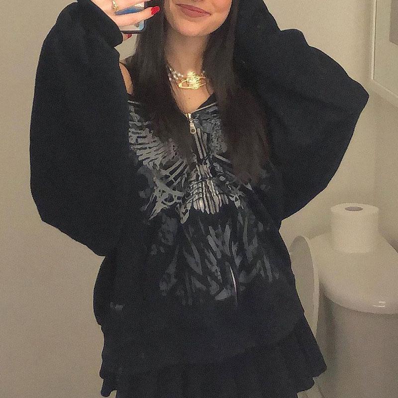 Y2K Толстовки на молнии с принтом бабочки в стиле гранж-панк, уличная одежда в готическом стиле, черное пальто с капюшоном, осенняя свободная куртка с длинными рукавами