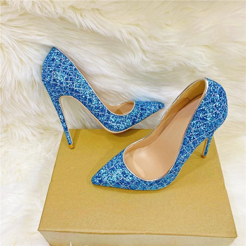 Синие сексуальные банкетные туфли на высоком каблуке, тонкие каблуки, женские туфли с блестками и кристаллами