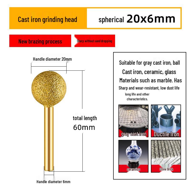 Diamond Brazed Carbide Grinding Head for Ductile Iron & Stone, Compatible with Electric Drills