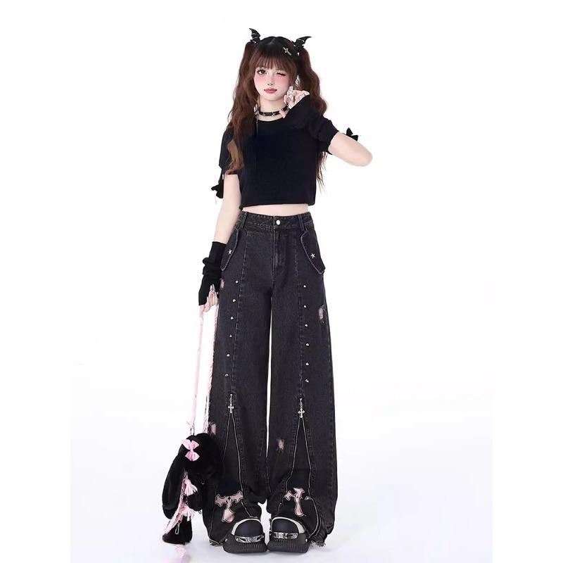 Women's Black Gothic Baggy Y2k Jeans Vintage Streetwear Cowboy Pants Harajuku Denim Trousers