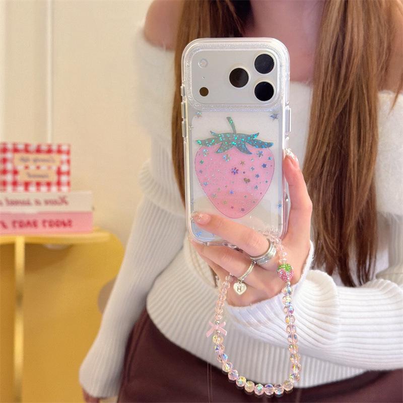 Яркий Розовый Чехол для Телефона со Стразами в Виде Клубники для iPhone 17/16 Pro Max/15/14 – Стильный Дизайн для Продвинутых Девушек.