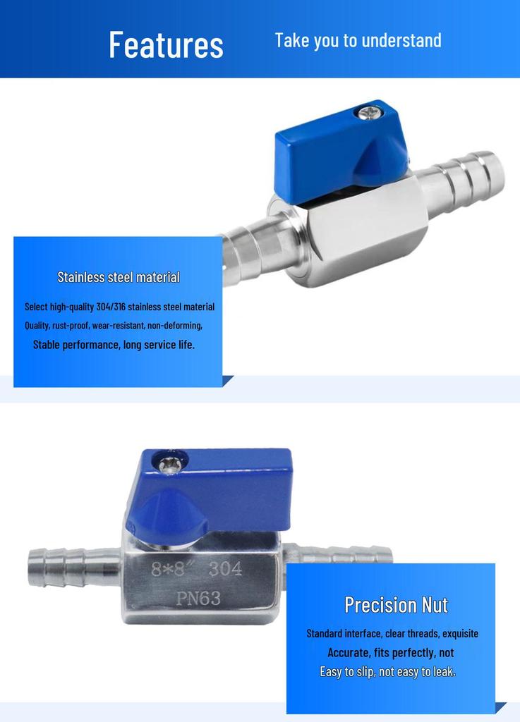 304 Stainless Steel Mini Barb Valve Double-Headed Hose Connector