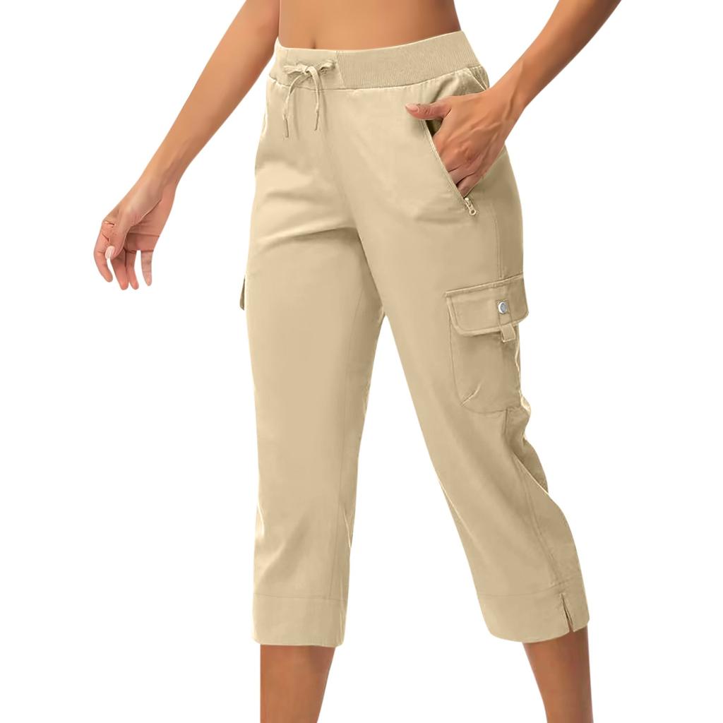 Women's Casual Color Blocking High Waisted Drawstring Pocket Workwear Pants Capris