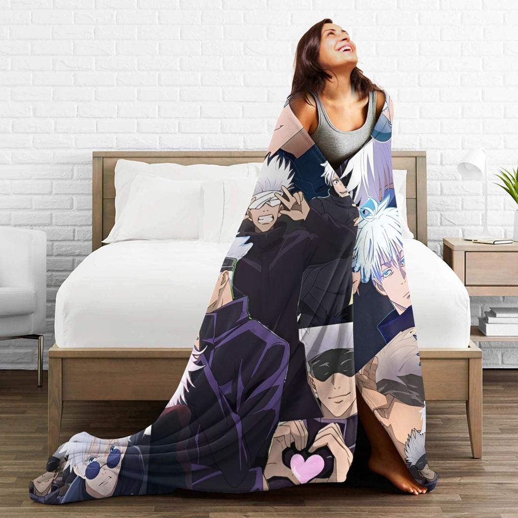 Jujutsu Kaisen Годжо Сатору Фланелевые Пледы Аниме Крутые для Покрывал Вязаный Плед Путешествия Легкий Многофункциональный