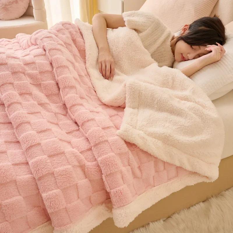 Fluffy Fleece Plaid Blanket Winter Thicken Blankets Duvet Cover Double Sided Sofa Bed Cover Soft Warm Throw Bedspread Bedroom