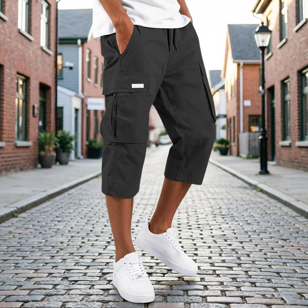 Men’s Drawstring Cargo Pants Multi Pocket Relaxed Fit Seven Quarter Length Casual Trousers for Daily Wear Outdoor Activities