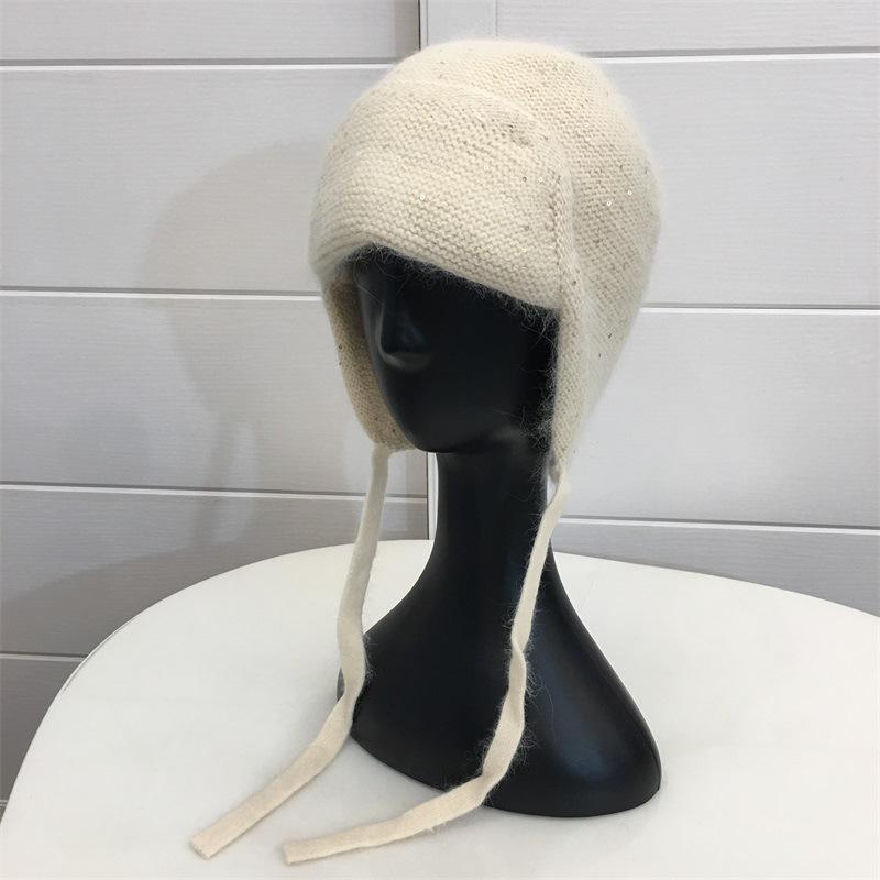 Огромная милая зимняя утолщенная вязаная шапка-ушанка из кроличьего меха для девочек, студенческая, ветрозащитная, теплая, с защитой ушей, шерстяная