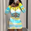 Sexy Lingerie Dyeing Craft Yellow Blue Short Skirt Bodycon Skirt Hollow Sexy Temptation Sexy Long Sleeve Mesh Dress
