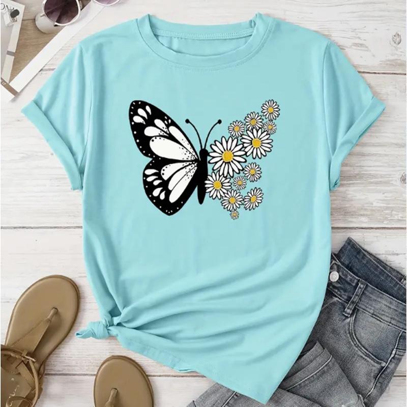 Модная женская футболка с принтом бабочек и цветов, забавная повседневная футболка с круглым вырезом и короткими рукавами, летняя женская футболка