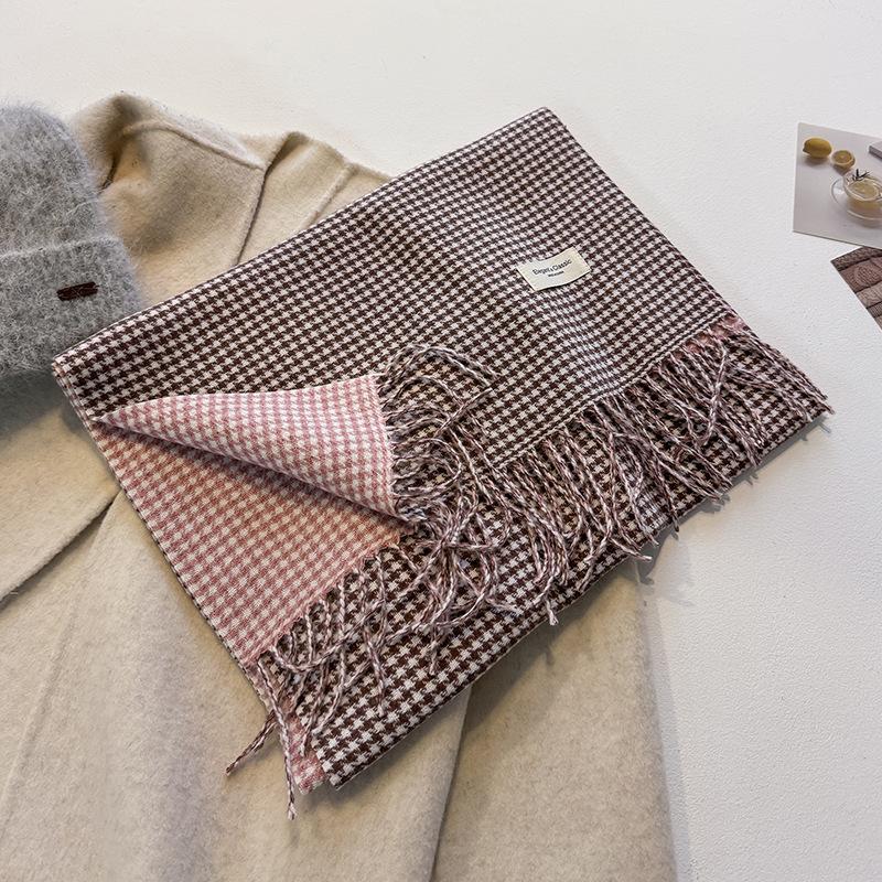 Women's Nordic Simple Houndstooth Plaid Scarf, English Shawl, Reversible Tassel Check Scarf