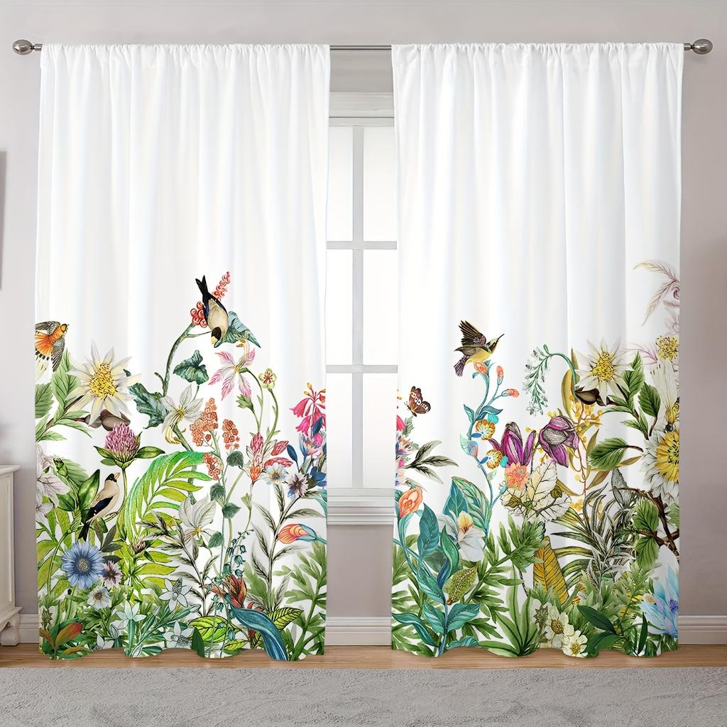 2pcs Classic Style Flower & Butterfly Print Curtains Artistic Window Drapes for Living Room Kitchen Bedroom Study Dining Room