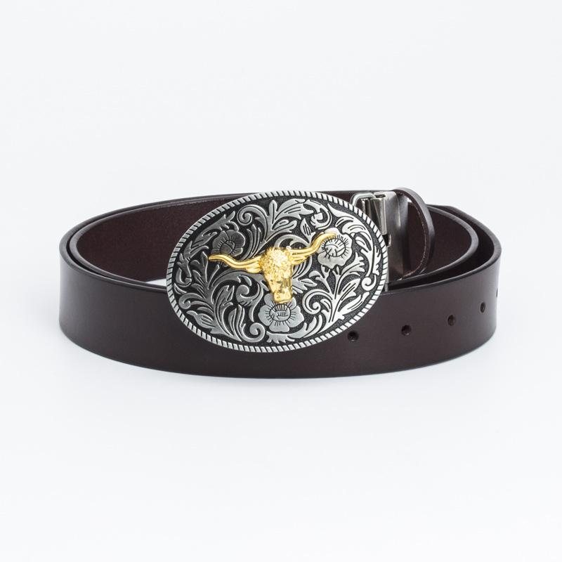 Fashion Personality Western Denim Belt Gold Plated Retro Cow Head Belt Men's Cow Leather Belt