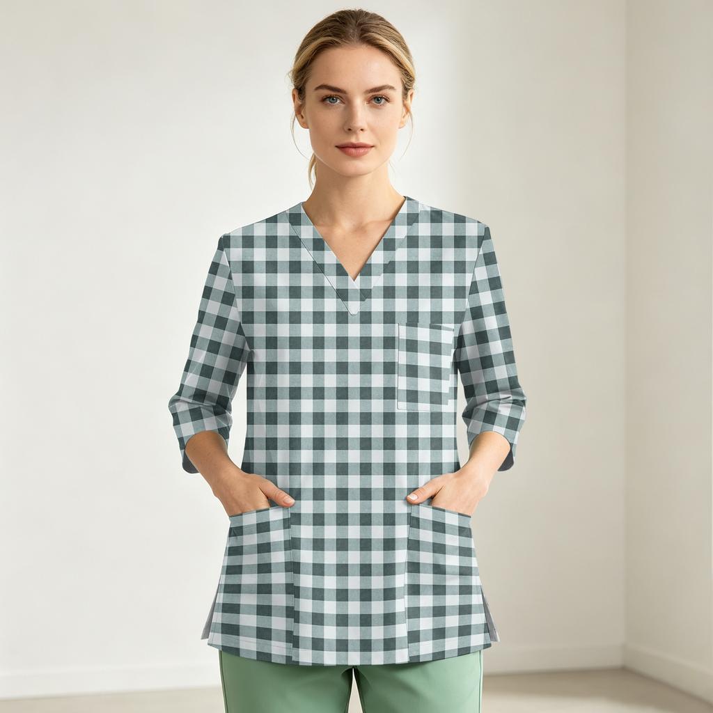 Women's V-Neck Uniform Top with Single Pocket and Side Slit 3/4 Sleeve