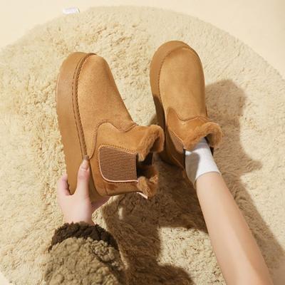 Осень и зима новые однотонные рукава пушистые на толстой подошве зимние ботинки женские бархатные с круглым носком рукава хлопковые ботинки женские