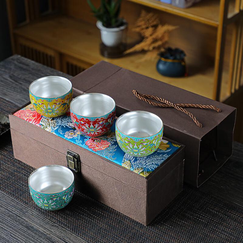 Chaxun Enamel Lotus Silver Plated Ceramic Tea Cup Gift Set