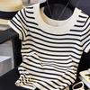 Женские свитера, пуловеры, 2025, лето, короткий рукав, О-образный вырез, белый, черный, полосатый, вязаный свитер, женские топы, пуловер JJ246