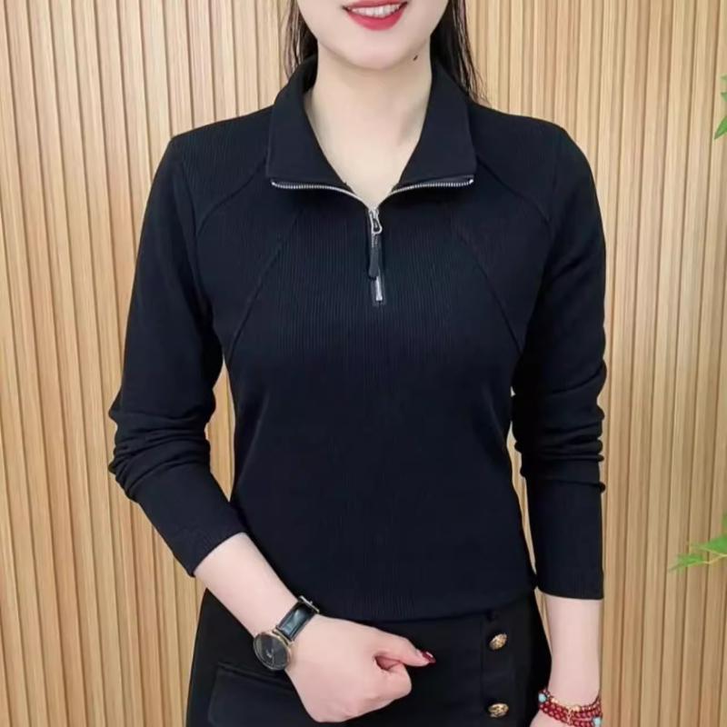 2025 Autumn New Fashionable Solid Color Middle-aged Mother Base Shirt Half Zipper Long Sleeve T-shirt Women's Top