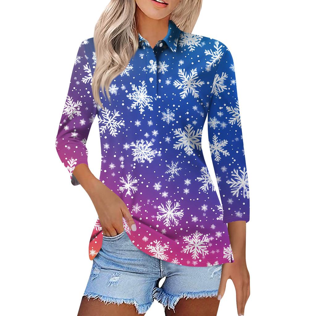 Women's Fashion Casual Lapel Short 3/4 Sleeve Christmas Print Shirt Women's Button Up Tops