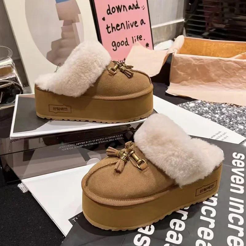 Женские меховые хлопковые тапочки с бахромой, замшевые домашние туфли на платформе, зимние ботинки 2025 года, новые модные теплые туфли на плоской подошве, плюшевые шлепанцы, мюли