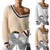 Women's Top Color Splicing V-Neck Long Sleeve Woven Sweater Nailed Bead Base Shirt