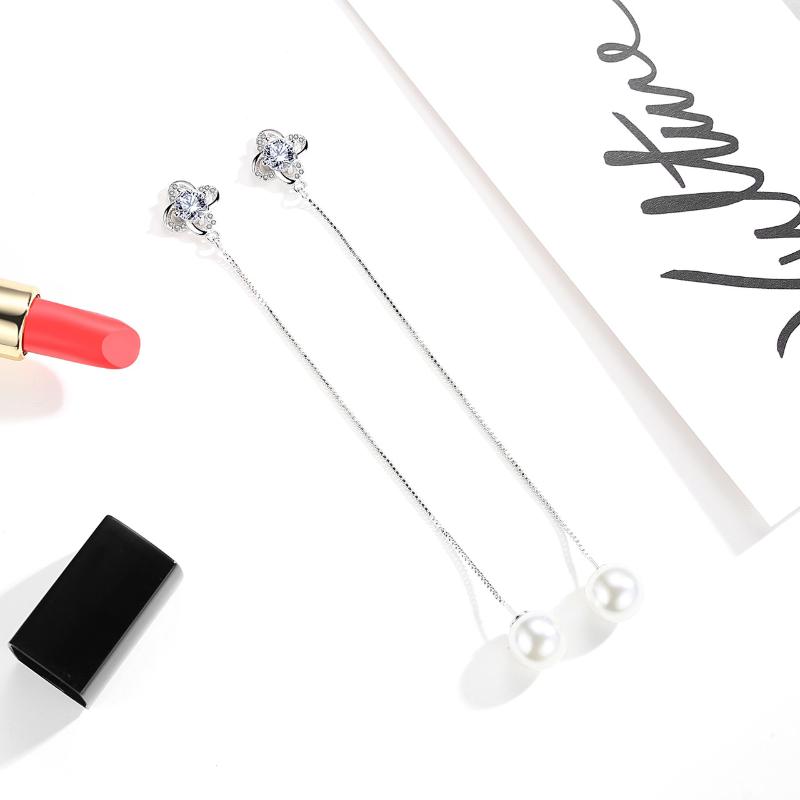 Женская корейская мода 925 посеребренная антиаллергенная жемчужина циркон кристалл счастливый лист трава линия ушей висячие серьги-гвоздики женские украшения для ушей подарок