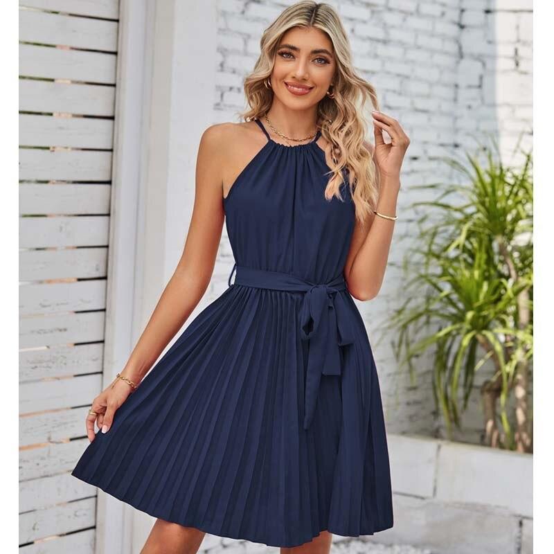 Летнее модное однотонное короткое платье без рукавов с лямкой на шее, женское повседневное плиссированное вечернее платье, летнее сексуальное платье с высокой талией на шнуровке 27832