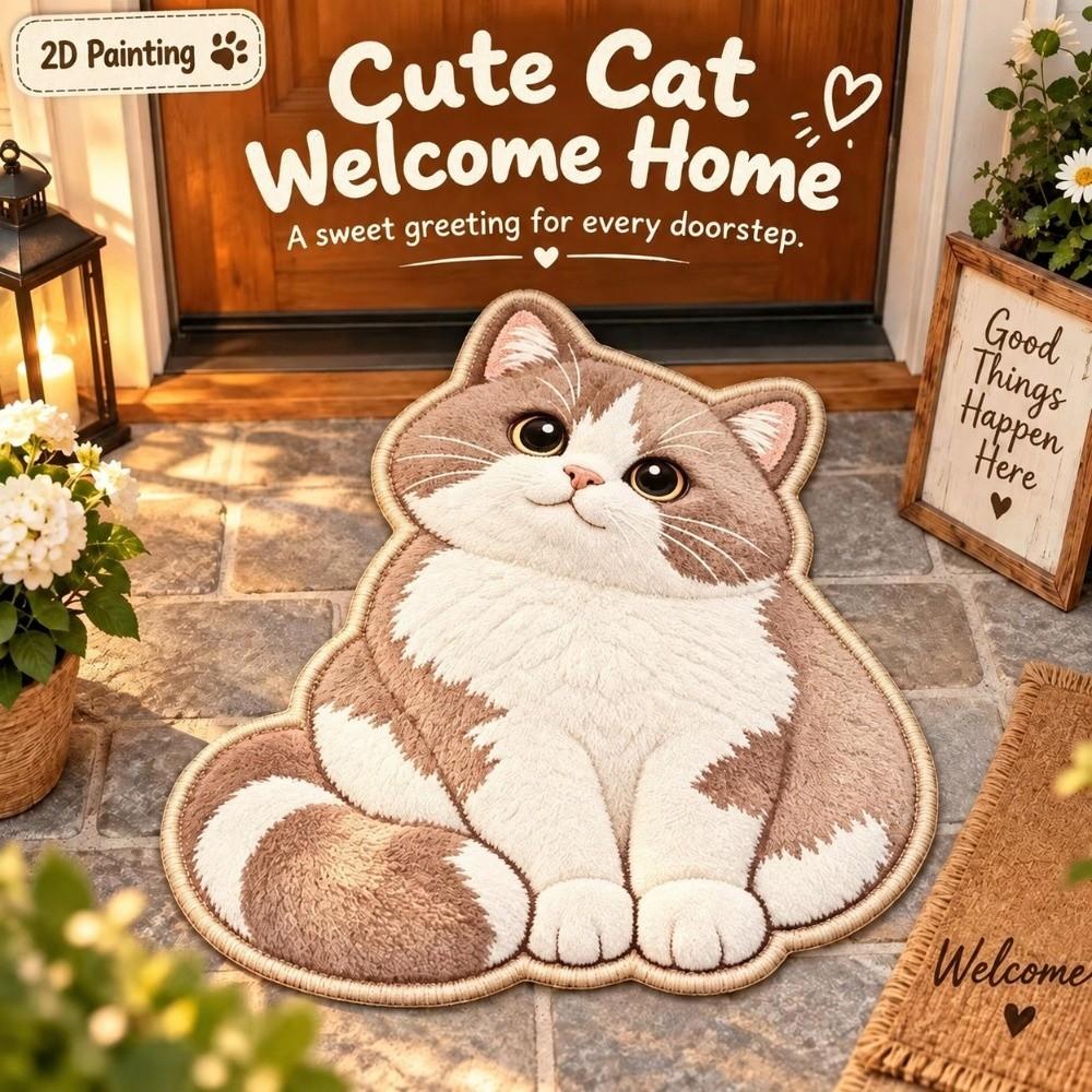 2D Cat-Shaped Area Rug Crystal Velvet Entryway Floor Mat Cute Bathroom Carpet Home Decor