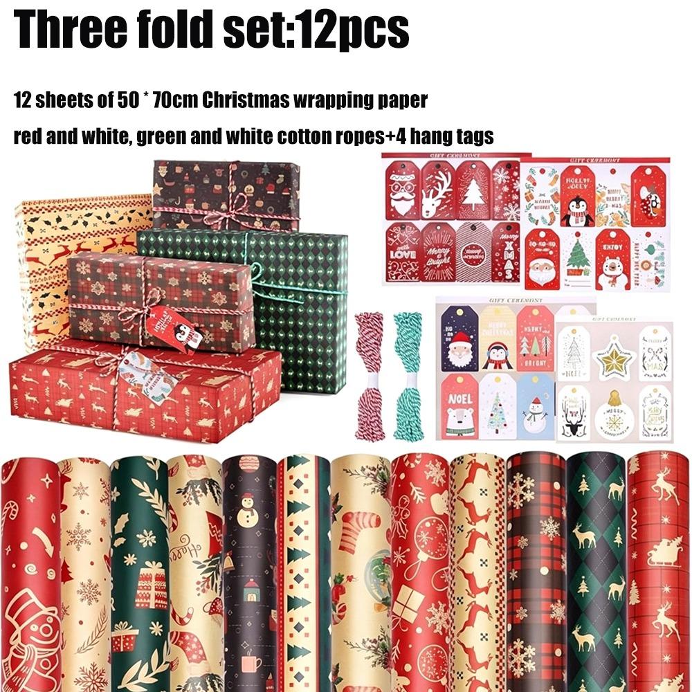 12pcs Striped Print Kraft Wrapping Paper Santa Print Christmas Wrapping Paper Holiday Presents