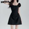 Black Waist Slimming Square Collar Dress Female Summer Style A-line Skirt