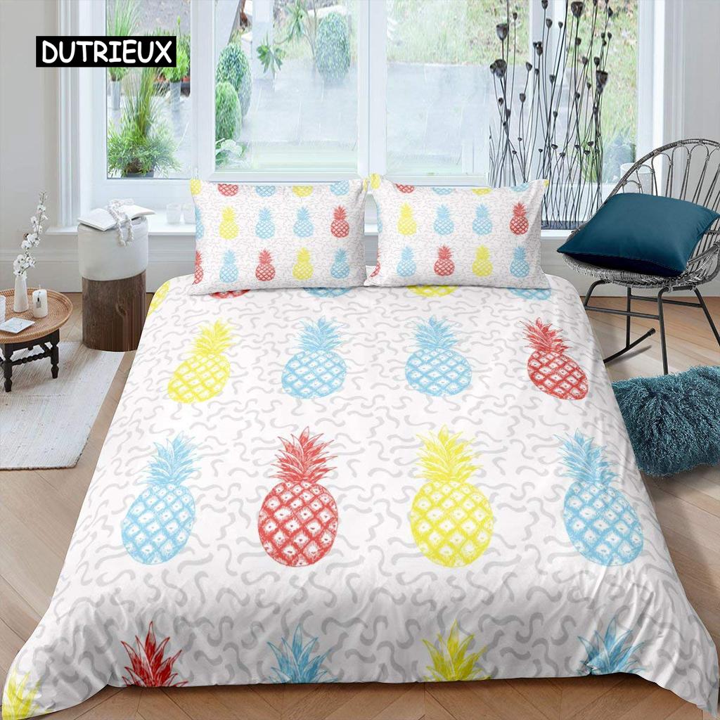 Комплект постельного белья с рисунком ананаса, размер King, желтый, геометрический, с рисунком ананаса, наволочка с принтом фруктов и морем