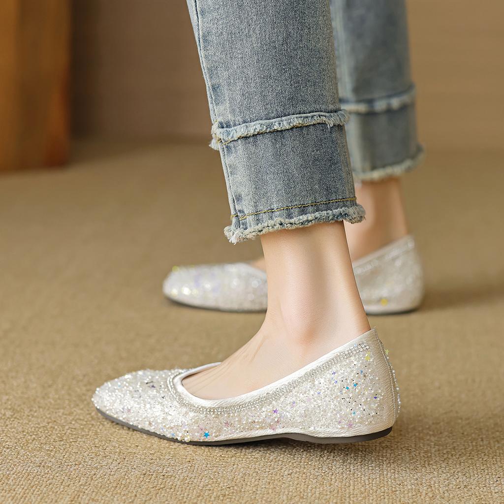 Weiwei girl 5933-12 остроносые одинарные туфли женские на плоской подошве с одной педалью со стразами шапочки туфли в стиле феи