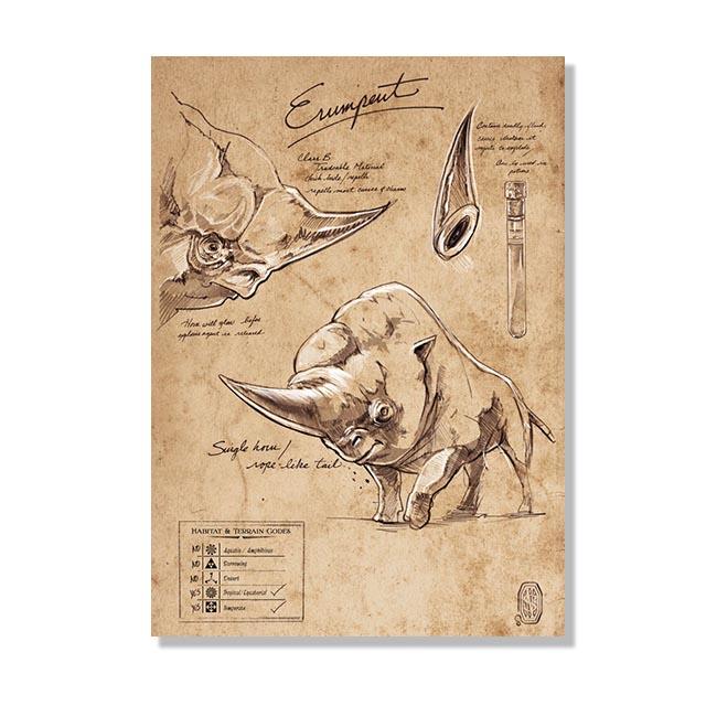 Винтажный эскиз монстра полевые заметки плакаты с совой динозавр Магия Волшебный мир животные холст картины настенная художественная роспись домашний декор