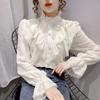 Fashion Ruffle Vintage Blouse Women Elegant Long Sleeve Lace Shirt Loose Chiffon Shirts Stand Collar Pleated Tops Blusas 15832