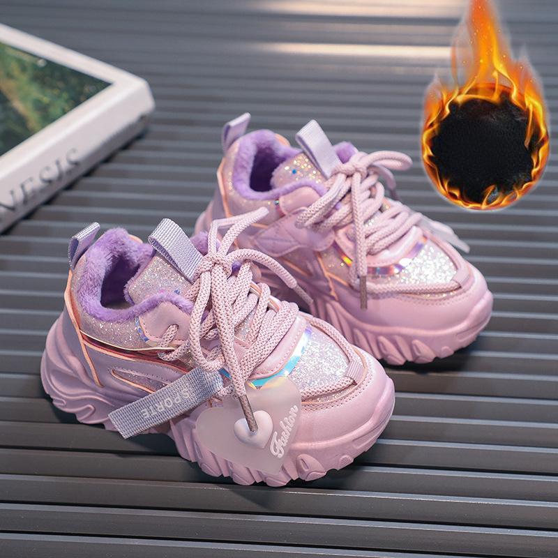 Кроссовки с блестками для девочек, детская модная теплая спортивная обувь для бега
