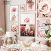 Nordic Pink Theme Wall Art Canvas Painting Rose and Girl Poster Flower Landscape Pictures for Modern Home Interior Decoration