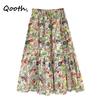 Retro Women Floral A-line Skirt Wide Hem Mid Length Elastic Waist Casual Skirt QT2637