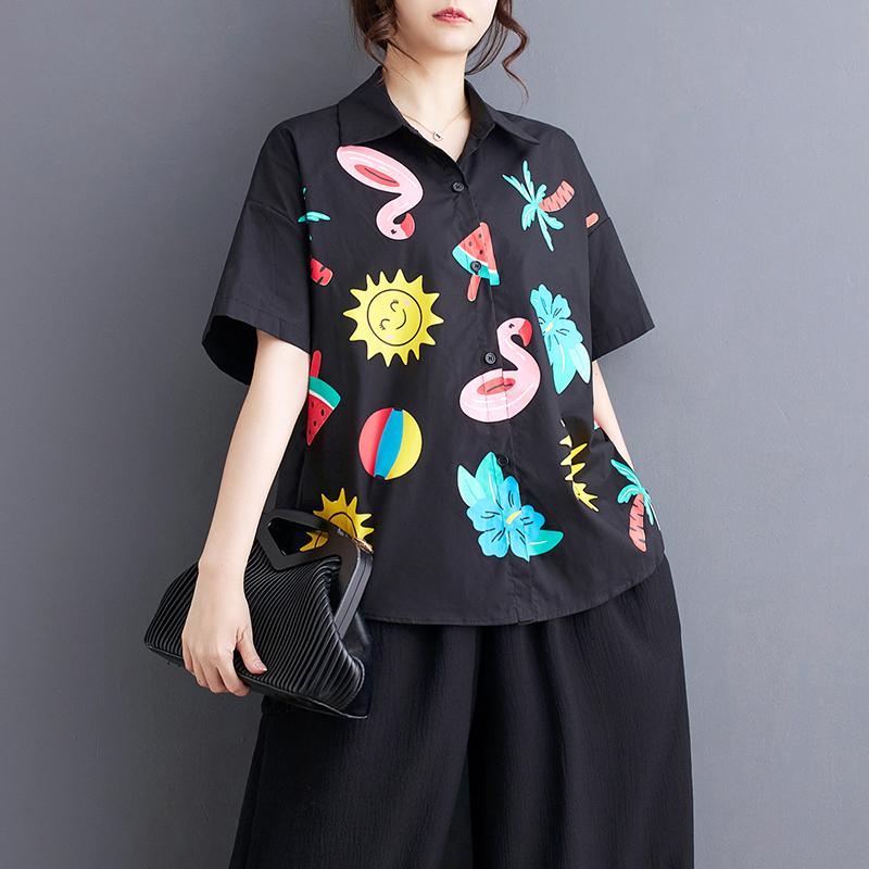 DIMANAF 2025 Plus Size New Summer Style Blouse Vintage Design Short Sleeve Colorful Casual Shirt Women Loose Shirt Geometric Print Shirt