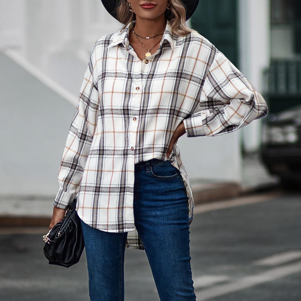 Модные женские повседневные топы в клетку с длинным рукавом и воротником-стойкой, пальто