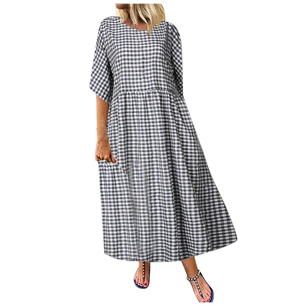 Women's Casual Literary Temperament Plaid Short-sleeved Round Neck Hem Dress