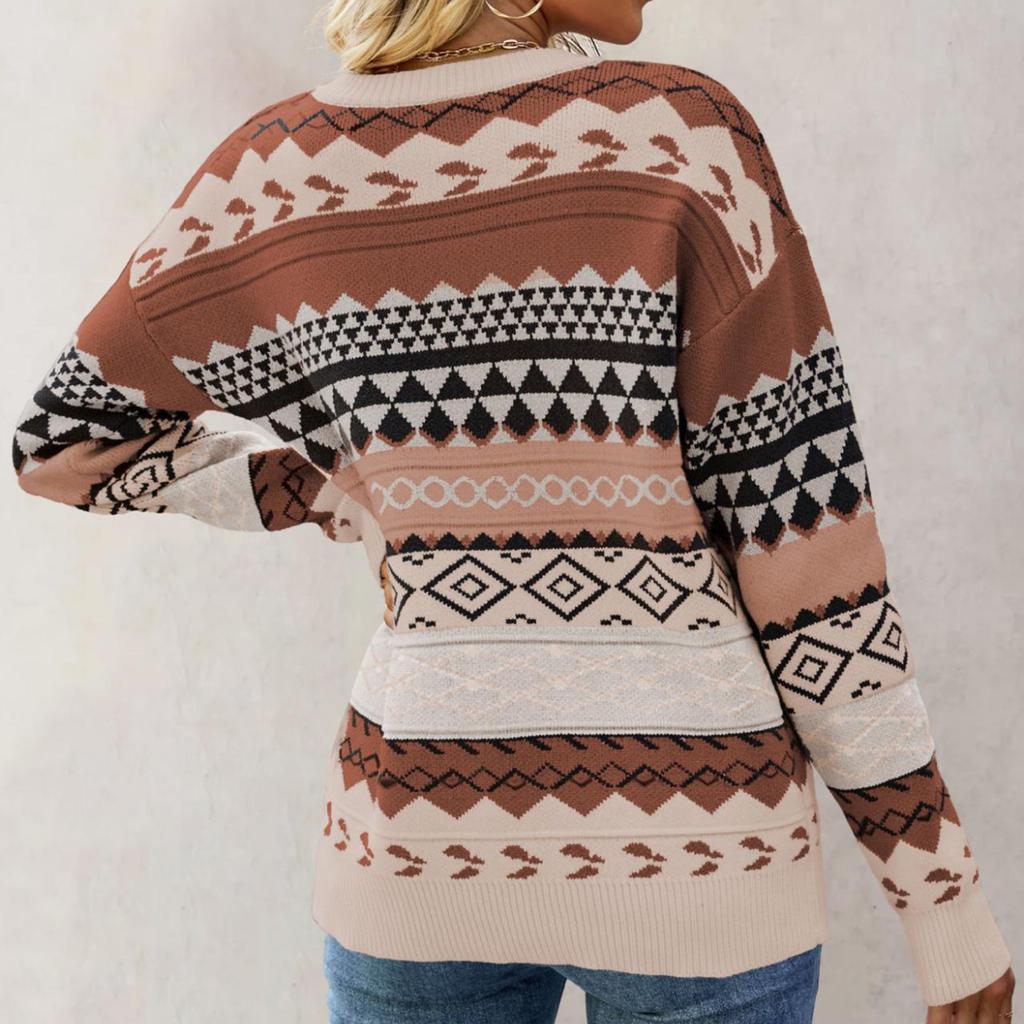 Женский вязаный ретро пуловер свитер с круглым вырезом свободного кроя