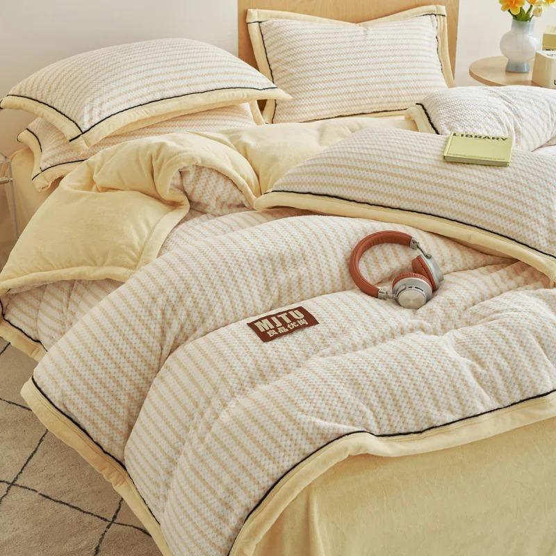 Japanese Striped Milk Velvet Bedding Set Thick Warm Winter Duvet Cover With Sheet Soft Plush Queen King Size