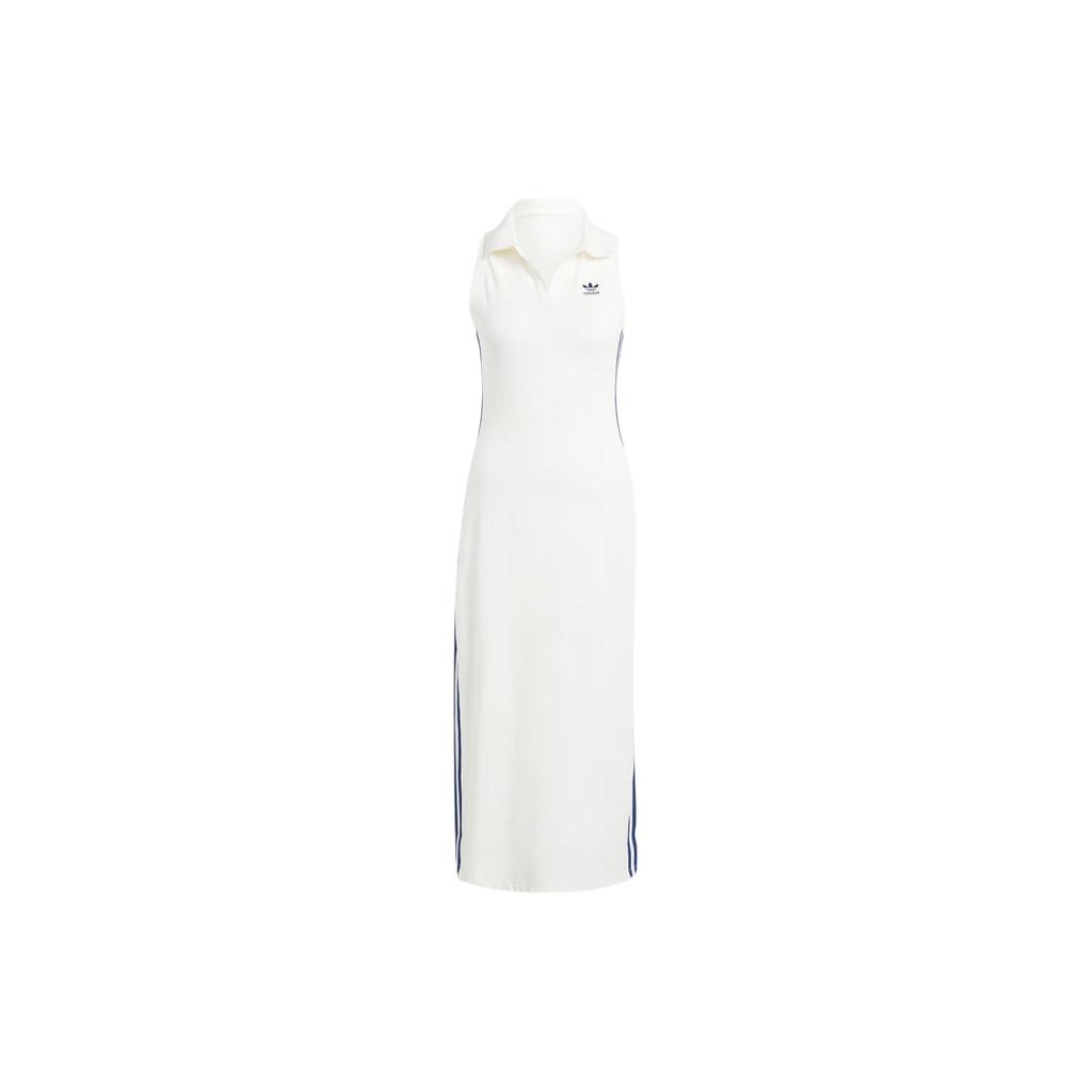 Adidas Originals Rib Dress Logo Striped High-Waist Long Sleeveless Dress Women Dress White IT9860