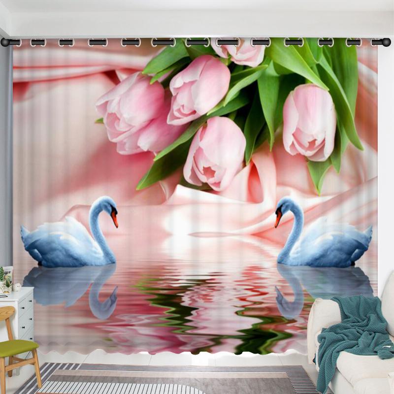 2Panel Swan Curtain Semi-blackout Curtain for Bedroom Living Room Kitchen Window Grommet Top cortinas de salon 2 piezas envío
