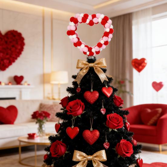Valentine's Day Heart Tree Topper Red Pink White Pom Pom Ball Love Heart Treetop Ornament for Valentine's Day Christmas Wedding Birthday Party Home