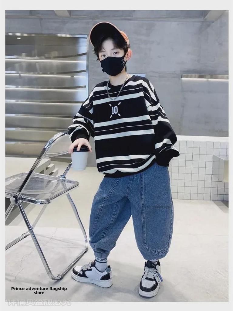 Футболка для мальчиков 2023 года, свободная, с круглым вырезом и длинными рукавами - классный корейский стиль