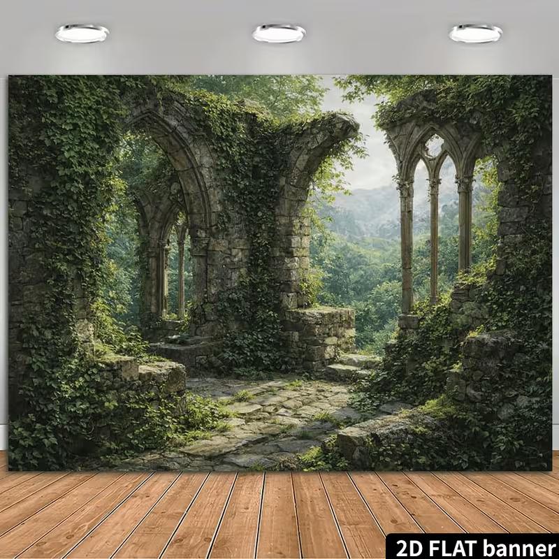 2D Готические Каменные Руины Плющ Фон Заколдованный Лес Фотофон