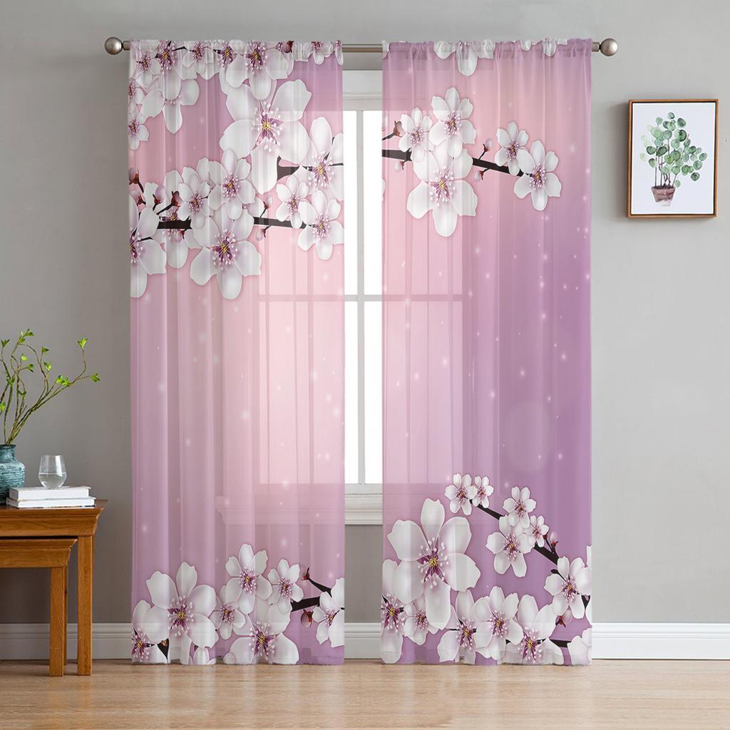 Flower Cherry Blossoms Tree Branch Gradient Sheer Curtains for Living Room Decor Window Curtains Kitchen Tulle Voile Curtains