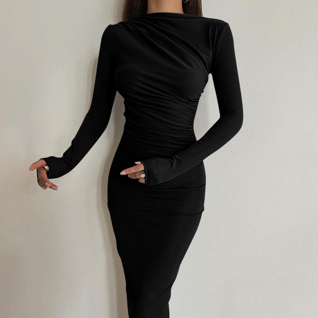 Женские осенние облегающие платья макси с длинным рукавом, сексуальное облегающее коктейльное платье с рюшами на шее